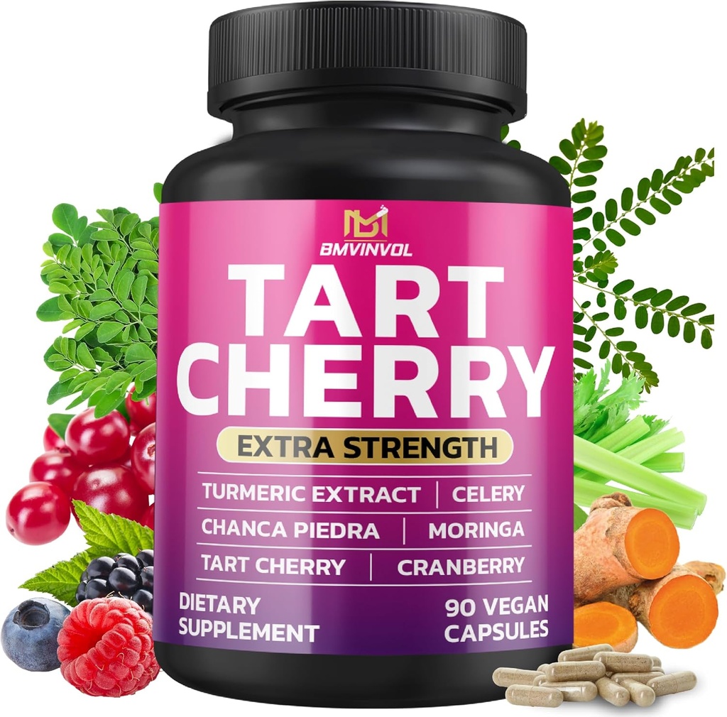 BMVINVOL Tart Cherry 20: 1 Extract - Plus Moringa, Chanca Piedra, Selleri, Cranberry Extract og mere - 90 Kapsler - 3 måneders forsyning