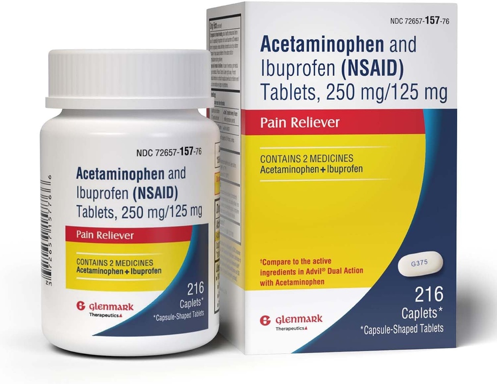 Dual Action Acetaminophen 250 mg og Ibuprofen 125 mg kapsler, Op til 8h af smertelindring for mindre ache og smerte, hovedpine, tandpine, rygsmerter, menstruation kramper, mindre arthritis smerte, 216 tal