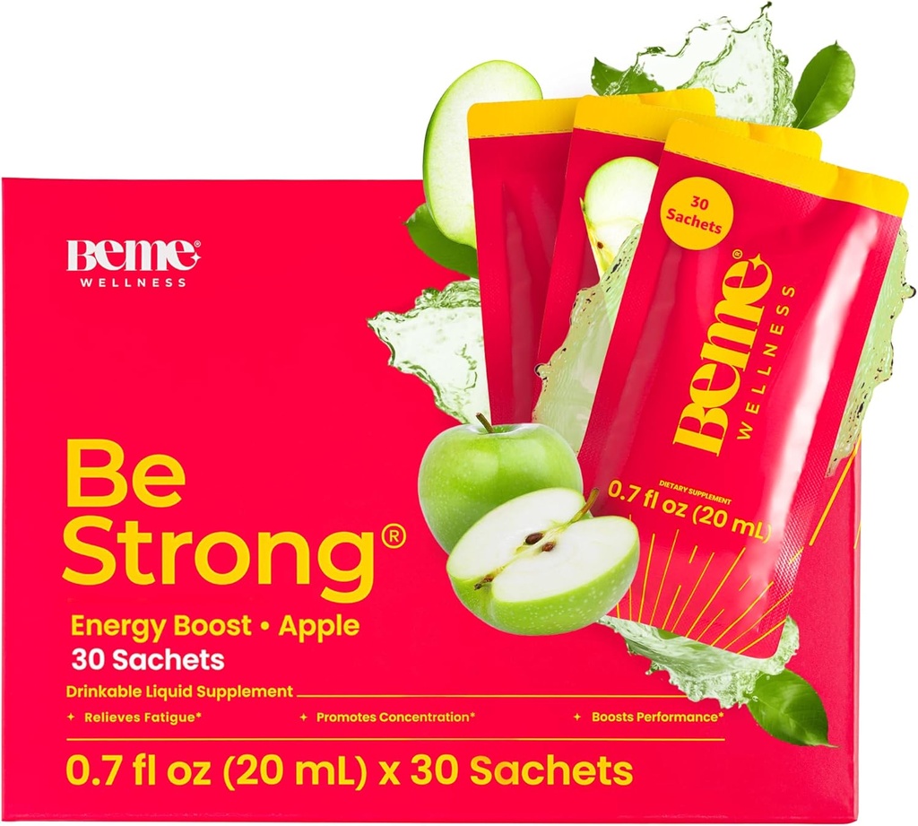 BeMe Vitamin B12 Liquid Shot, BeStrong - Vitamin B 12 Drinkable Liquid Supplement Understøtter Energy Boost, Focus, & Koncentration - Guarana, Taurine, & Collagen Kosttilskud Fremme Inddrivelse (30 Sachets)