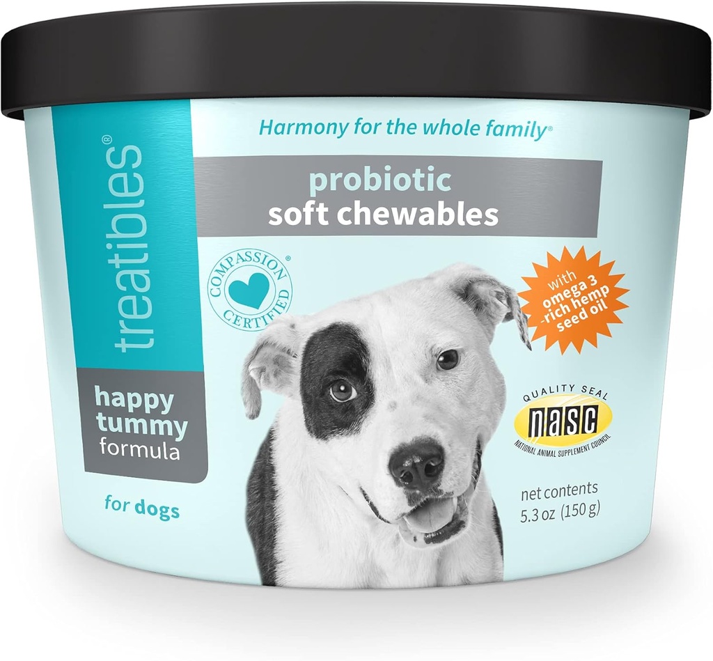 Treatibles Happy Tummy Probiotic for Dogs Soft Chewables, 5.3 oz - Digestive Support, Immune System, Gut Health