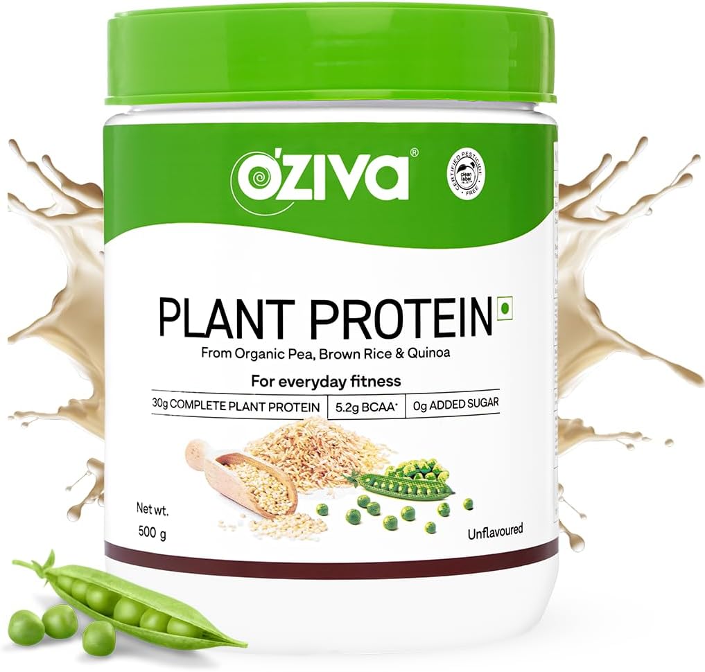 OZiva Organic Plant Protein Powder 124; 500 Gm Yep 124; (30g Vegan Protein - Pea Protein a, Brown Rice Protein & Quinoa, Soy Free) for Everyday Fitness, Øger Immunitet, Unflavored (1.1 LB)
