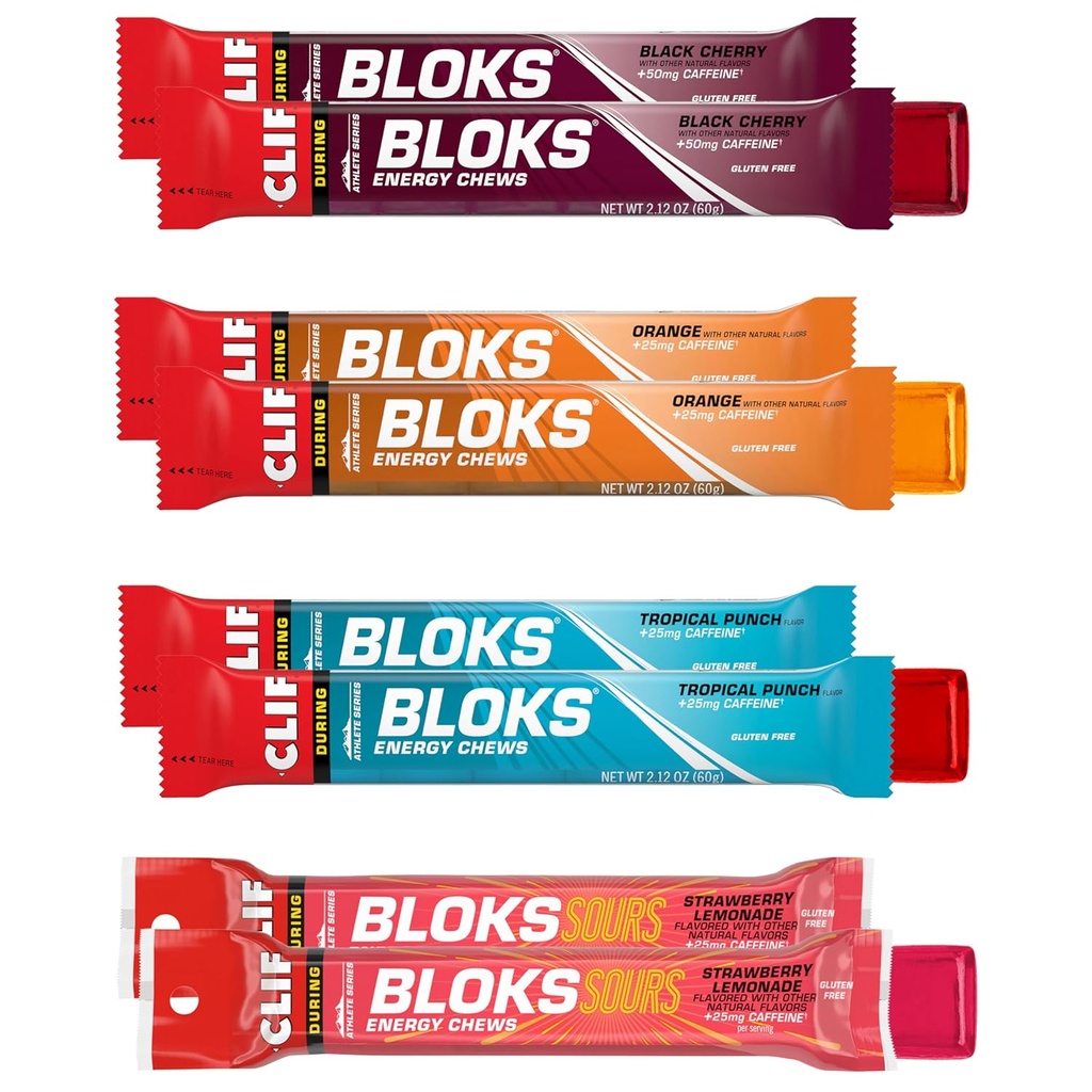 Clif Bloks - Energityggere med koffein - Variety Pack - Non-GMO - Plant baseret - Fast Fuel til cykling og løb - Quick Carbohydrates and Electrolytes - 2.12 oz. Pakninger (8 Greve)