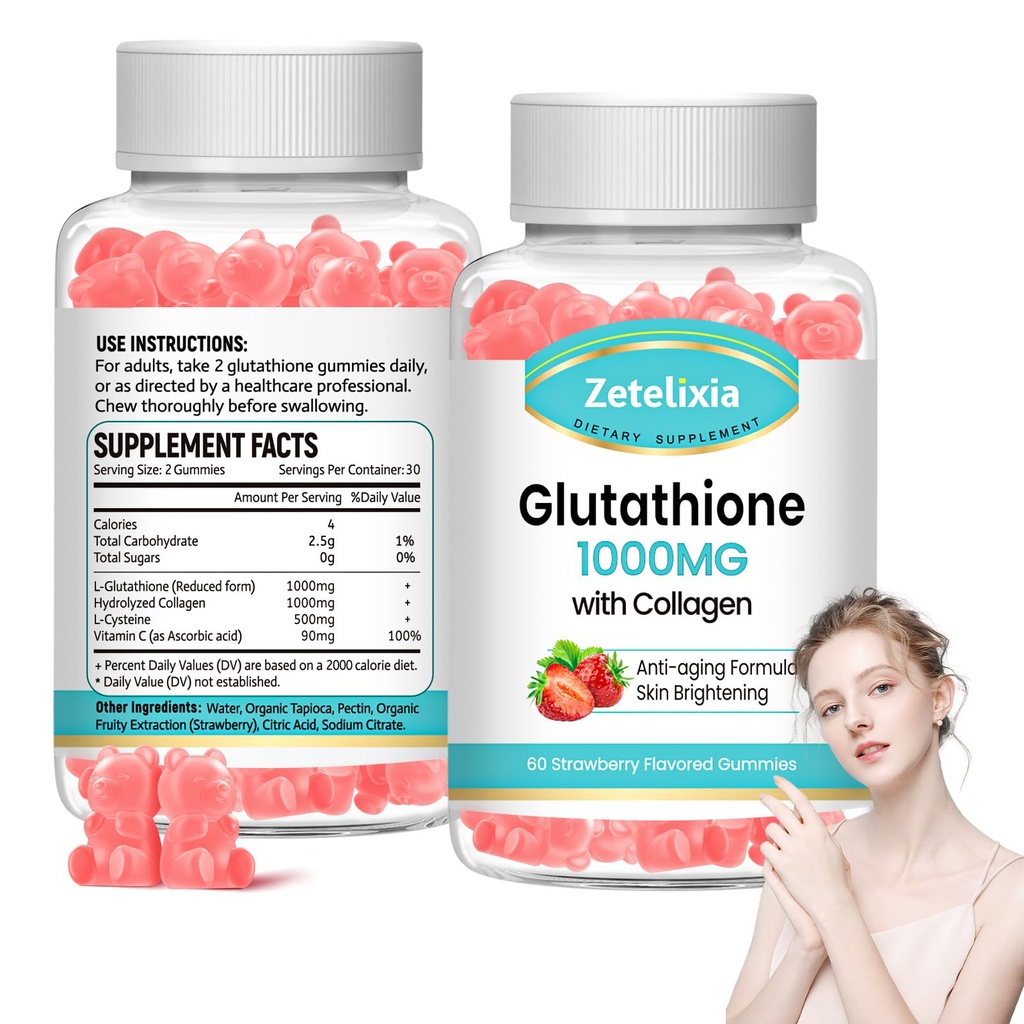 2 Pack Glutathione Collagen Gummies, Collagen Gummies med C-vitamin, Glutathione supplement til kvinder, hår hud negle muskel & fælles, Anti- Aging, Vegan, Sukker fri, Strawberry Flavor, 120 Greve
