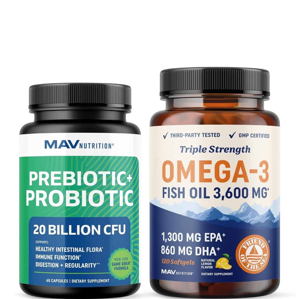 Omega 3 Fish Oil and Probiotic Capsules Measures 124; Triple Strength EPA & DHA med Probiotic Gut Health & immunsupport Supplement
