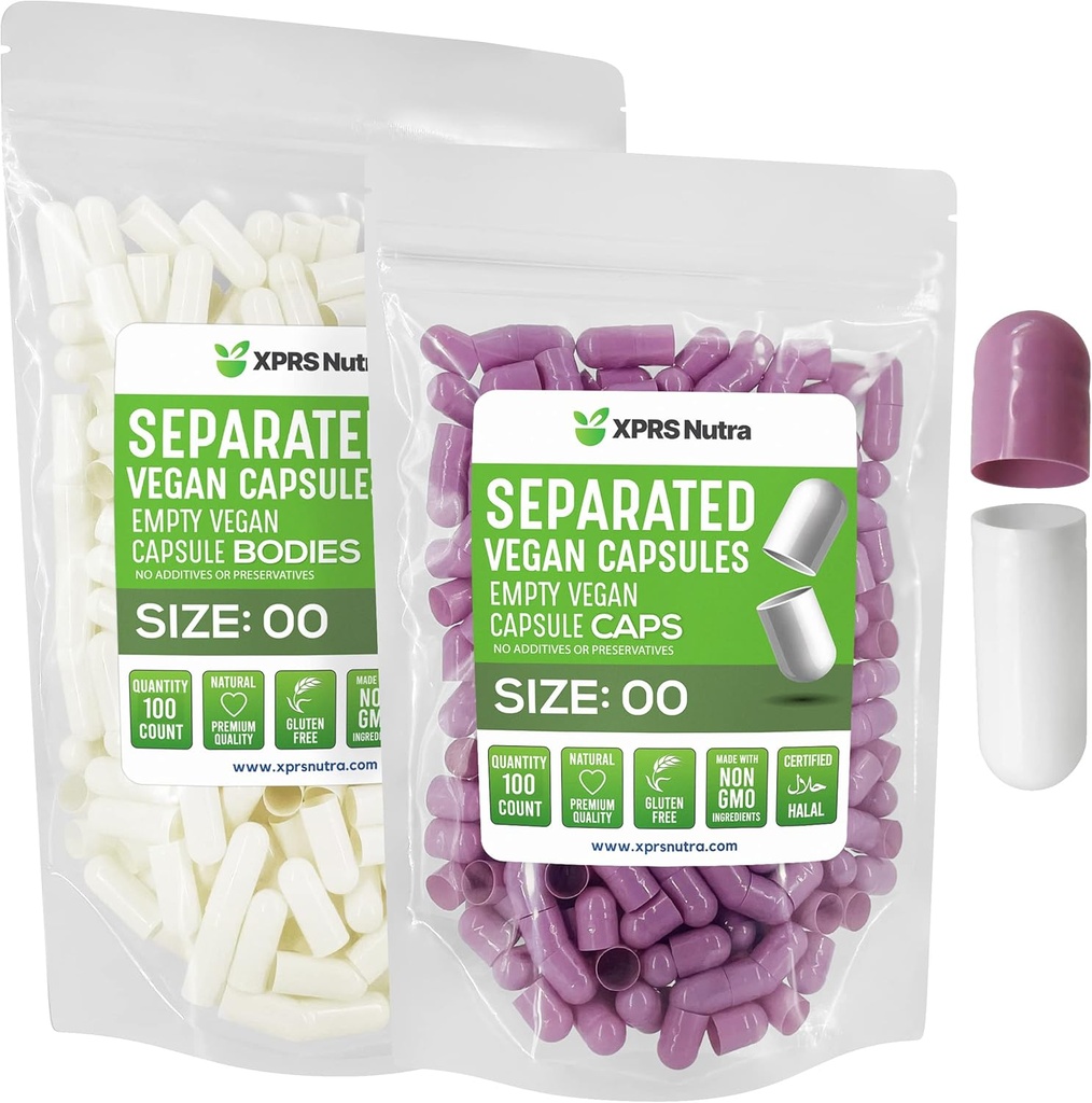 XPRS Nutra Vegan Størrelse 00 Separated Kapsler - 100 Grev Premium Tomme Kapsler Separeret i poser - 00 Piller Tom for DIY Supplement Fyldning (Lavendel / Hvid)