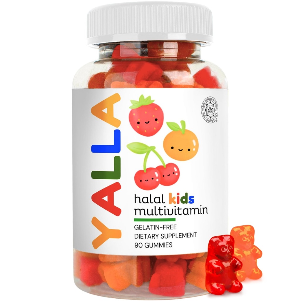 YALLA Halal Vitamin til børn, Halal Kids Multivitamin Gummies, 45-90 Day Supply, Essential Vitamin med C, D3, Zink til Immunitet, B6 B12 for energi, ISA Certificeret, Gelatine fri