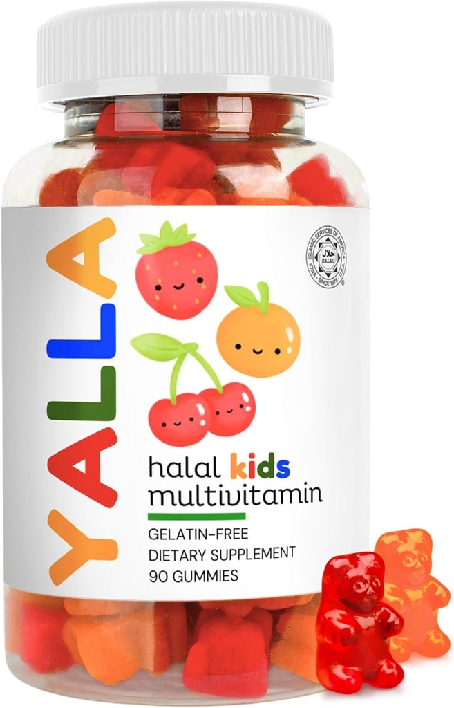 YALLA Halal Vitamin til børn, Halal Kids Multivitamin Gummies, 45-90 Day Supply, Essential Vitamin med C, D3, Zink til Immunitet, B6 B12 for energi, ISA Certificeret, Gelatine fri