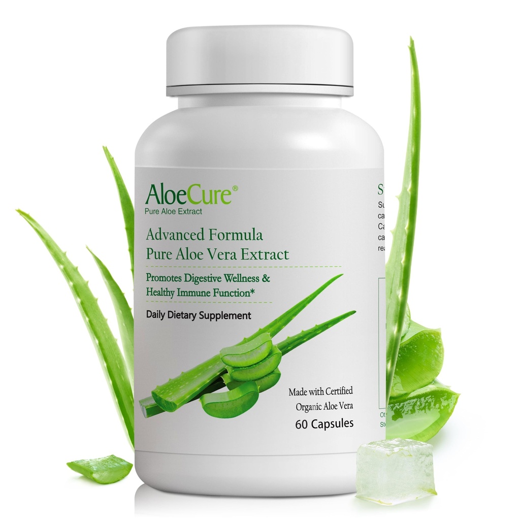 AloeCure Organic Aloe Vera Capsules, 160,000mg Inner Aloe Leaf Ækvivalent per servering, Support Gut, fordøjelsesbesvær, og immunsundhed, Hjælper med at opretholde balanceret Mavesyre, Aloin Free, 60 Kapsler