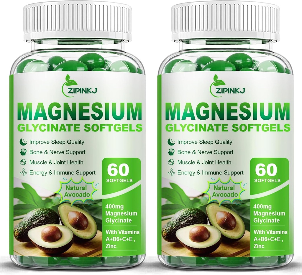 Høj Absorption Magnesium Glycinat Softels, Magnesium Kosttilskud 400mg med zink, E-vitamin, B6 til kvinder Mænd, Forbedre søvn, Muskelafslapning & Knoglehelbred, Glutenfri, Non- GMO, 2 Pack