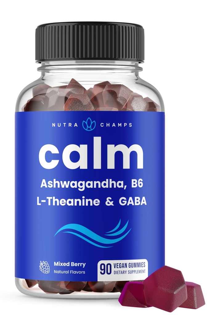 NutraChamps Rolig Gummies, Stress Gummies Supplement med Ashwagandha, L-Theanine, GABA, Vitamin B6 & Lemon Balm, Understøtter Mood, Focus & Stress Relief, Natural Berry, 90 Gummies