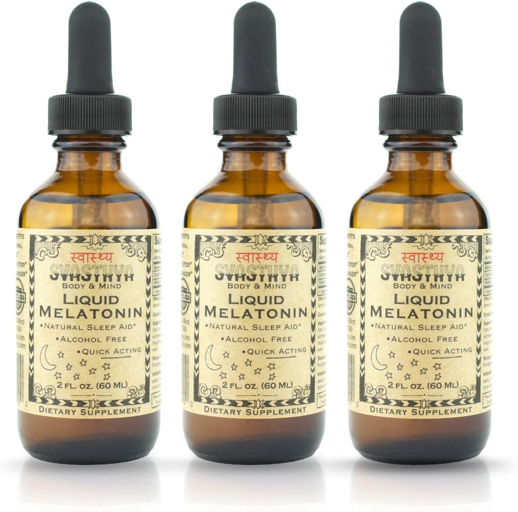 Svastya Body & Mind Flydende Melatonin - fremmer naturlig søvn - Alkohol fri for voksne og børn, Lavet i USA, GMP, 2 oz - 3 Pack
