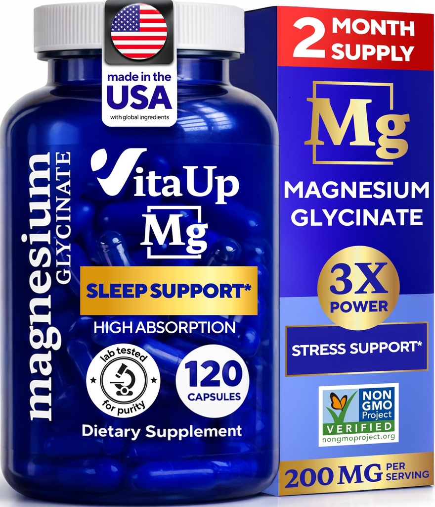 Magnesium Glycinat 200mg - USA Made Magnesium supplement til søvn, hjerte, knogler, metabolisme Support - High Absorption Magnesium Bisglycinate kapsler - 120 Vegan Chelated kapsler