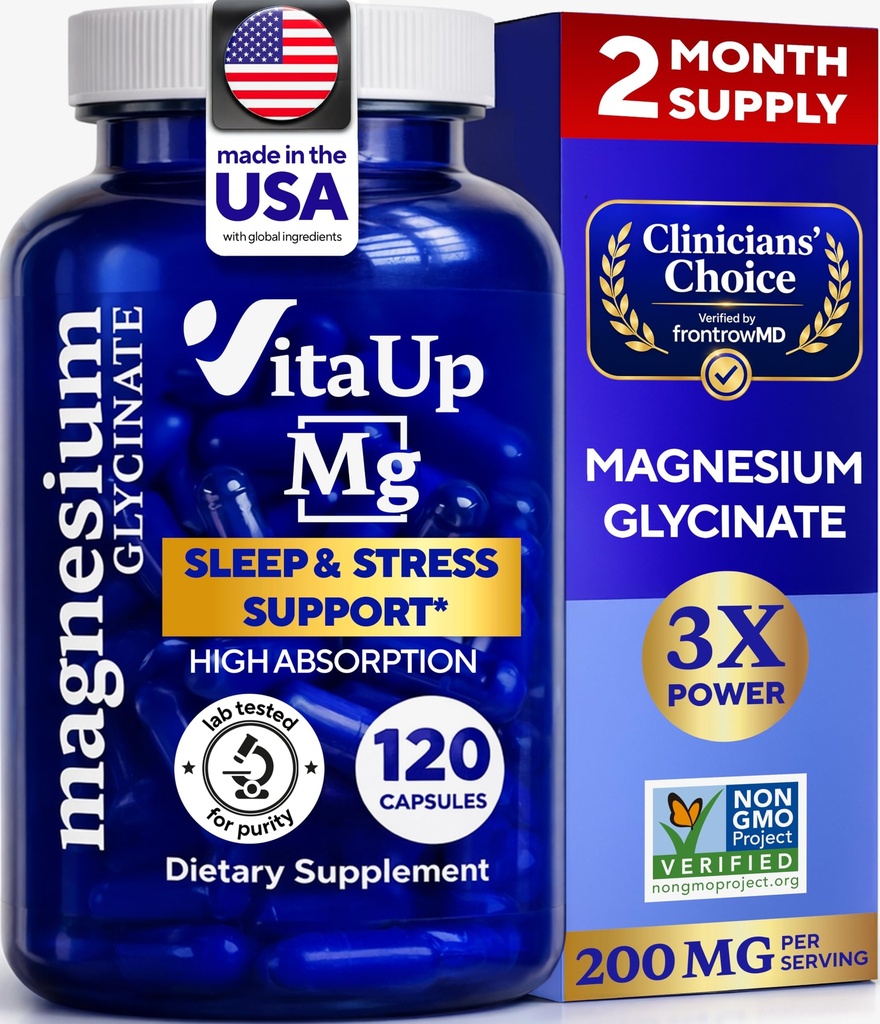 Magnesium Glycinat 200mg - USA Made Magnesium supplement til søvn, hjerte, knogler, metabolisme Support - High Absorption Magnesium Bisglycinate kapsler - 120 Vegan Chelated kapsler