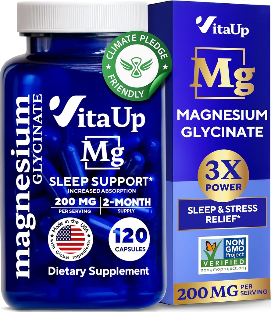 Magnesium Glycinat 200mg - USA Made Magnesium supplement til søvn, hjerte, knogler, metabolisme Support - High Absorption Magnesium Bisglycinate kapsler - 120 Vegan Chelated kapsler