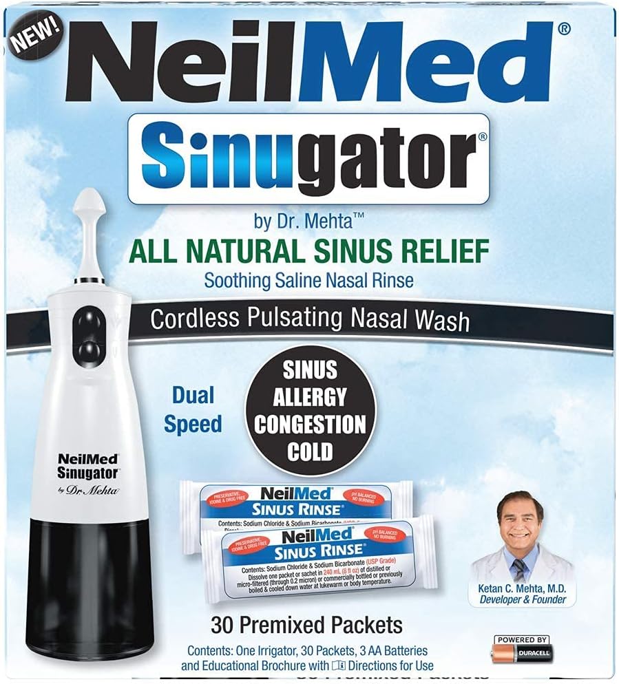 NeilMed Sinugator Cordless Pulserende Nasal Irrigator (Dual Speed) med 30 Premixed Packets og 3 AA batterier - Sort (pakke med 1)