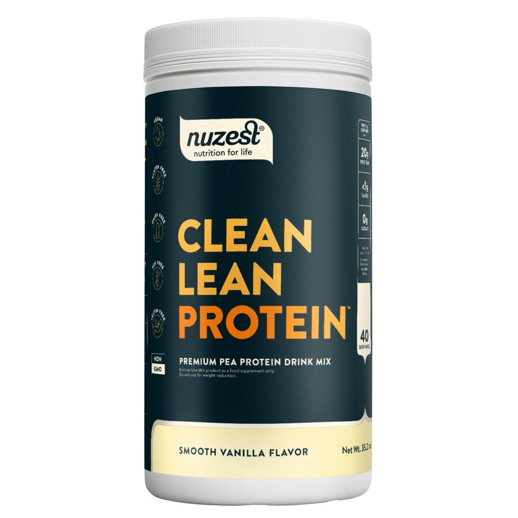 Nuzest - Pea Protein Powder - Clean Lean Protein, Premium Vegan Plant Based Protein Powder, Dairy Free, Gluten Free, GMO Free, Protein Shake, Glat Vanilla, 40 Servere, 2,2 lb