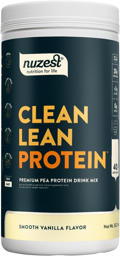 Nuzest - Pea Protein Powder - Clean Lean Protein, Premium Vegan Plant Based Protein Powder, Dairy Free, Gluten Free, GMO Free, Protein Shake, Glat Vanilla, 40 Servere, 2,2 lb