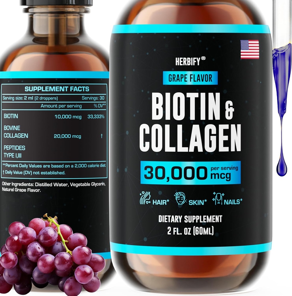 HERBIFY Collagen og biotin flydende dråber - Hurtigere Absorption supplement til hårvækst og stærkere negle - Hår hud og negle Vitaminer for kvinder og mænd - B7 Supplement - Made in USA