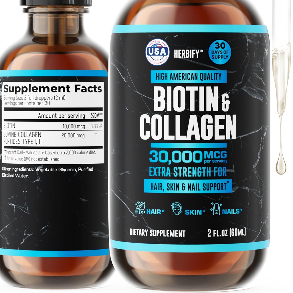 HERBIFY Collagen og biotin flydende dråber - Hurtigere Absorption supplement til hårvækst og stærkere negle - Hår hud og negle Vitaminer for kvinder og mænd - B7 Supplement - Made in USA