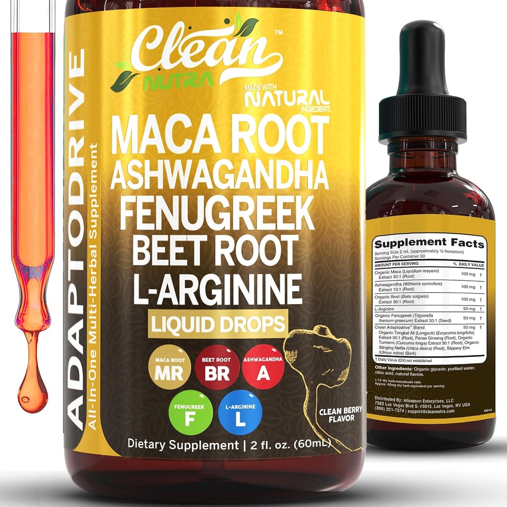 Ren Nutra Organic Maca Root Liquid Drops med Ashwagandha, Bukkehorn, Beet Root og L- Arginin Liquid Multivitamin til kvinder og mænd - Adapto Drive