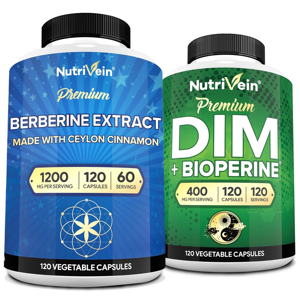 Nutrivein Premium DIM & Berberine Supplement Bundle: High- Absorption Berberine & DIM Supplement med Bioperine - for Hormonal Balance, fordøjelsesmæssig regularitet, Metabolisme, & Samlet Wellness