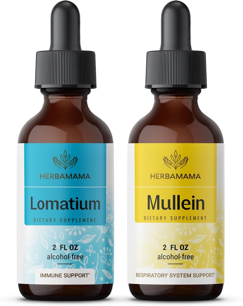 HERBAMAMA Herbal Liquid Drops Kit - Bundle of Lomatium Root Extract og Mullein Leaf Tincture 2 fl oz - Vegan, Non- GMO, Sugar & Alcohol- Free - 2 Pack