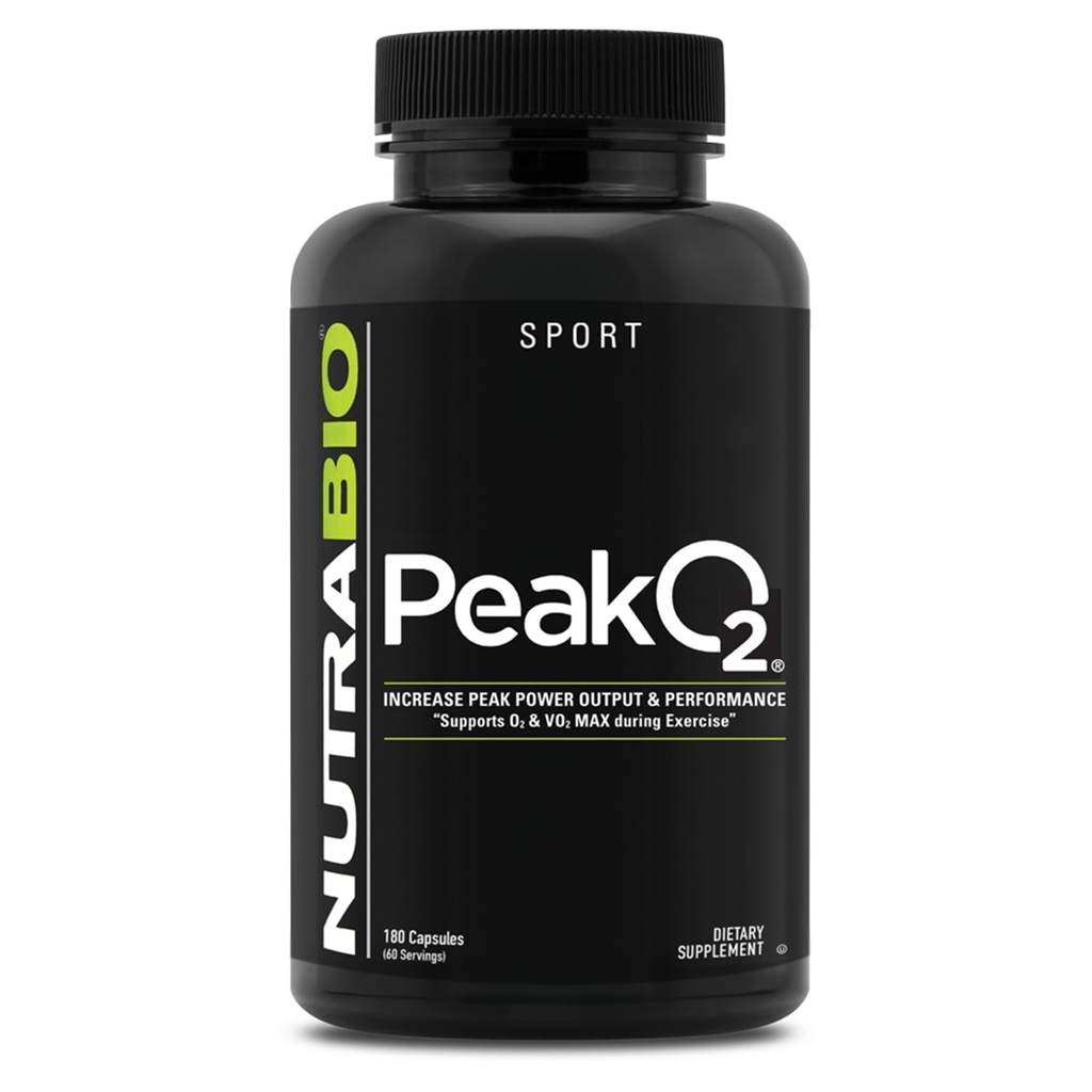 NutraBio PeakO2 træningstillæg, 180 kapsler - Mushroom Blend supplement til at hjælpe med at forbedre atletisk ydeevne og samlede sundhed, 60 Servere