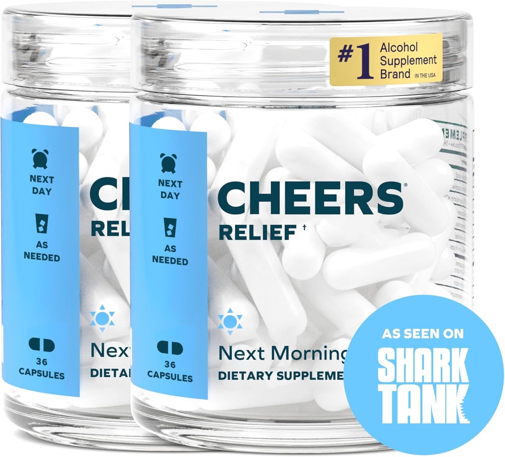 Skål Relief nogensinde 124; Næste morgen Hjælp med Ginger + White Willow Bark 124; Føle sig bedre efter at have drukket • 124; 24 Doser • 124; Ginger, White Willow Bark, L- Theanine, Koffein