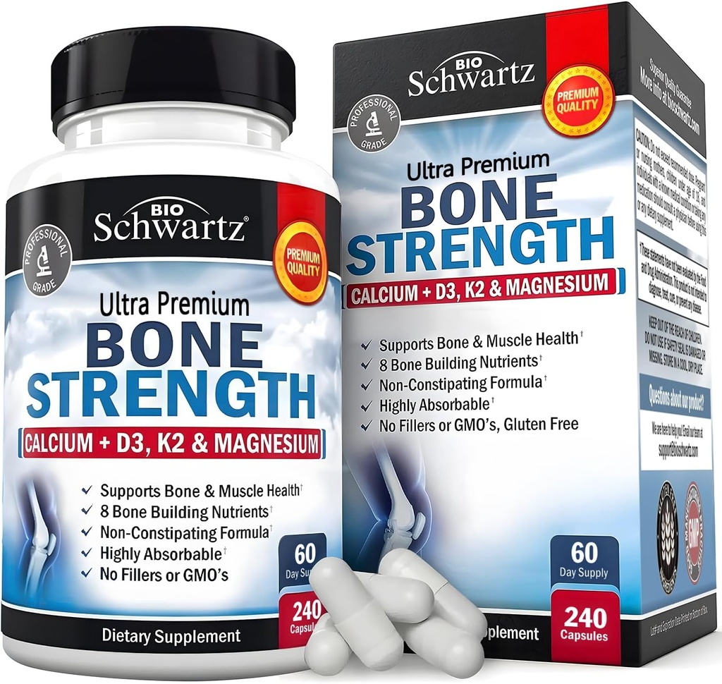 BioSchwartz Bone Strength Supplement - Gentle Non- Constipating Bone Health Supplement for kvinder og mænd med 9-in-1 Kompleks med Calcium Magnesium Zink D3 K2 & mere - 3. part testet - 2 måneder