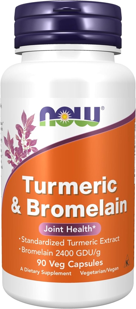 Now Foods Supplements, Gurkemeje & Bromelain (Standardized Gurkemeje) med Bromelain 2400 GDU / g, 90 Veg Kapsler