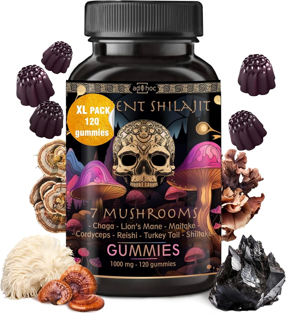 ad hoc Shilajit Pure Himalayan Organic Gummies - Immunstøtte, Energitilskud - Shilajit Resin Lions Mane, Cordyceps, Reishi, Tyrkiet Tail, Chaga, Shiitake Mushroom Gummies (120 Ct)