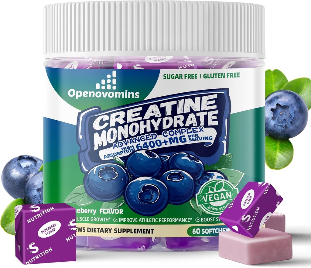 Creatine Monohydrate Soft Chews Complex 6400mg for Men & Women -Advanced Formula W/L-Taurine + Vitamin B12, Sugar Free Chewable Supplement,60 Blueberry Softchews
