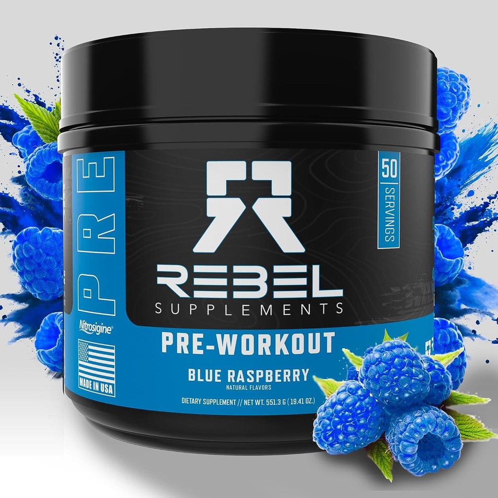 Rebel Kosttilskud ™ Blue Razz Loaded Pre Workout Mex124; Extreme Pumps, Laser Focus, Insane Energy Mex124; 7000mg L- Citrullin, 4000mg Beta Alanine, 1500mg Nitrosigine ®, 350mg Koffein Mex124; 50 Servering