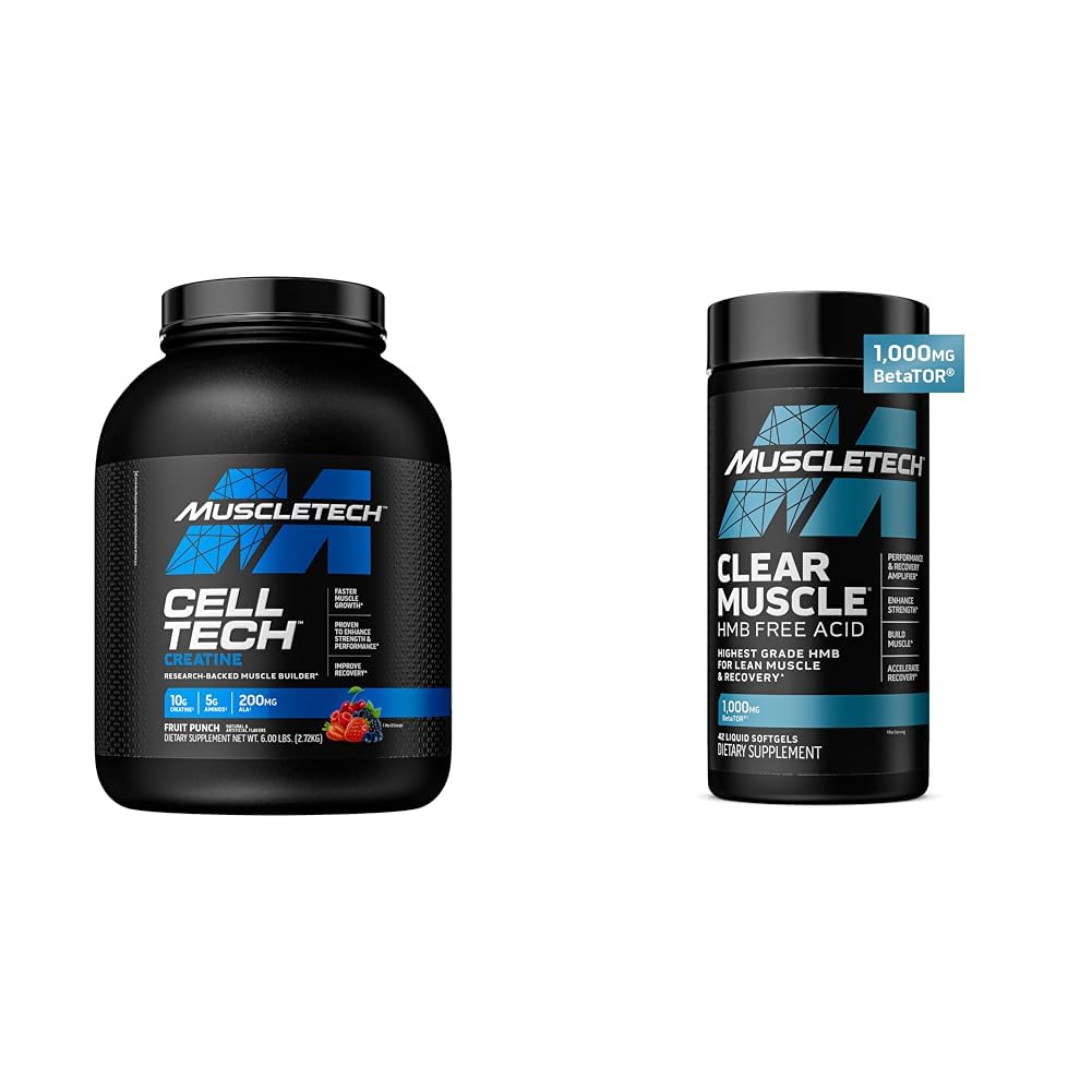 MuscleTech Cell- Tech Creatin Powder & Clear Muscle HMB Kosttilskud, Muscle Builder & Recovery Drink for mænd & kvinder, 6 lbs Powder & 42 Softgels