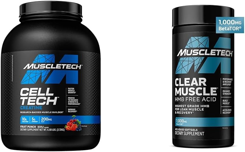 MuscleTech Cell- Tech Creatin Powder & Clear Muscle HMB Kosttilskud, Muscle Builder & Recovery Drink for mænd & kvinder, 6 lbs Powder & 42 Softgels