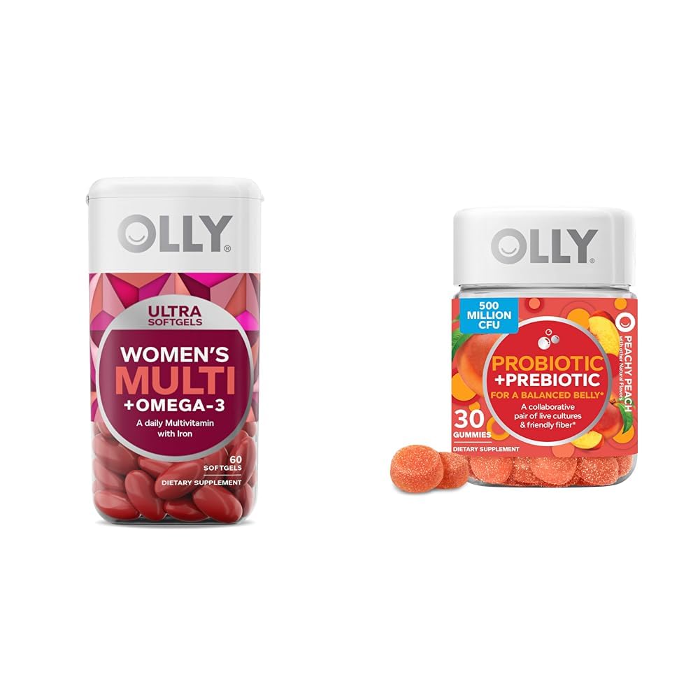 OLLY Ultra Women 's Multi Softgels & Probiotic + Prebiotic Gummy, fordøjelsesstøtte og Gut Health, 500 millioner CFU' er, Fiber, Voksen Chewable Supplement for mænd og kvinder, Peach, 30 dages forsyning - 30 Greve