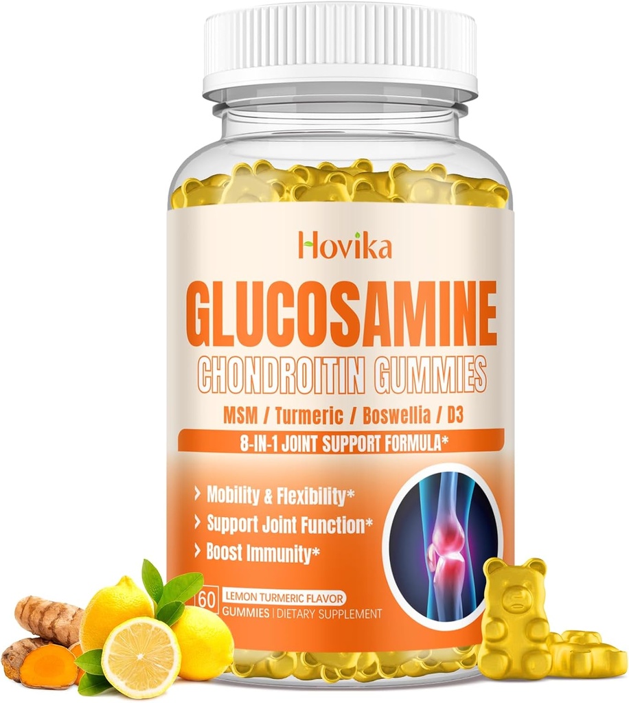 Glucosamin Chondroitin MSM Gummies 1500mg - Joint Support Supplement med gurkemeje, Boswellia, D3- vitamin, Hyaluronsyre, antioxidant, immunforsvar til voksne, mænd & kvinder Vegan, 60 Gummies