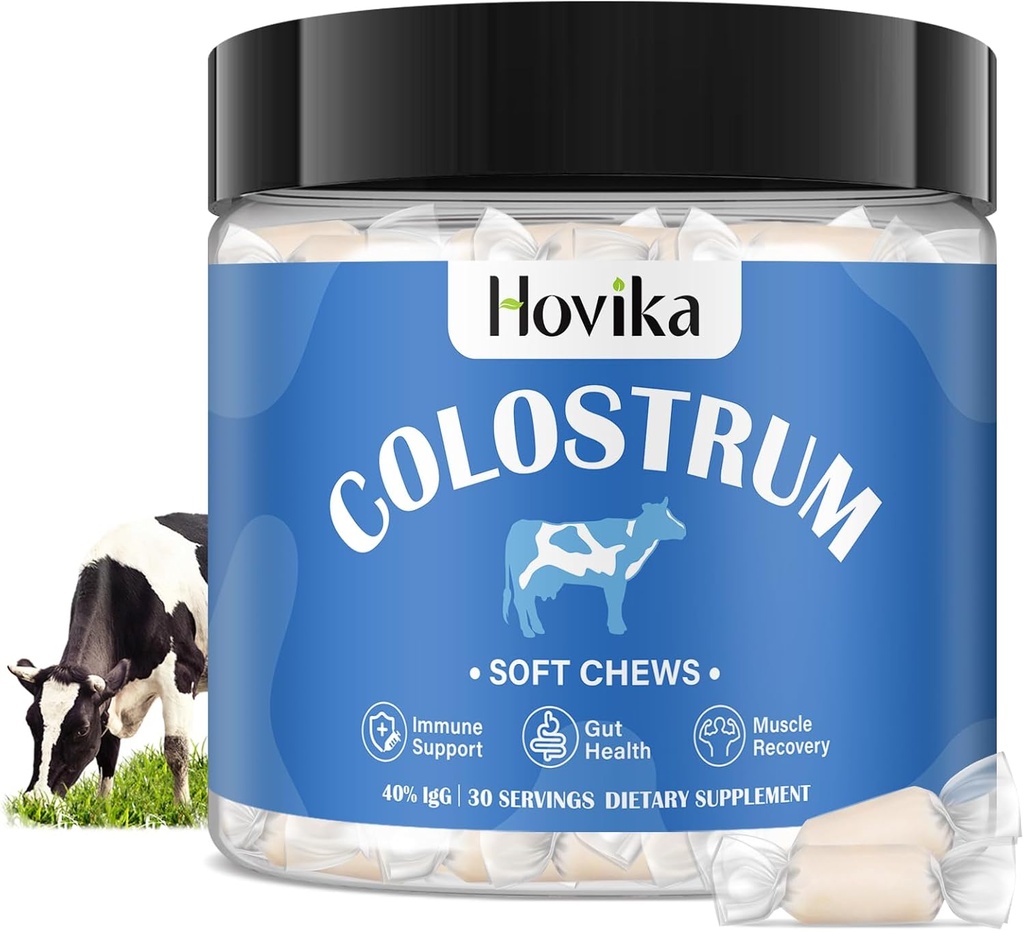 Pure Bovine Colostrum Supplement, 40% IgG Bovine Colostrum til mennesker-3000mg Colostrum Soft Chews for Gut Health, immunstøtte, Muscle Recovery- Grass Fed, 30 Servere