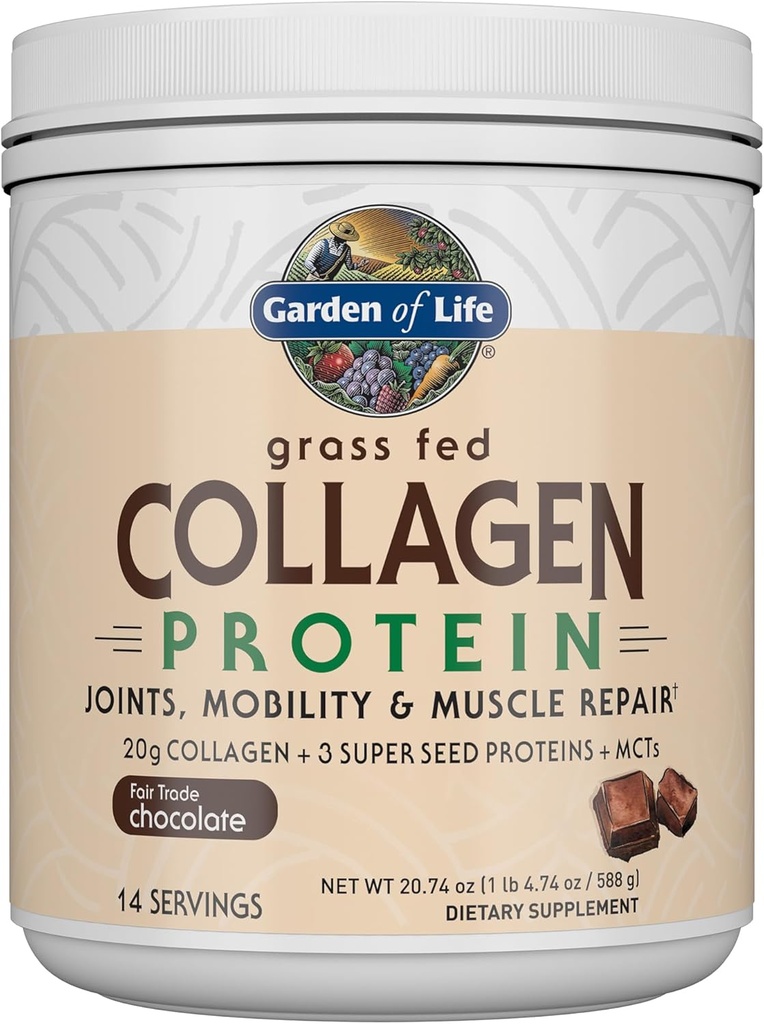 Have of Life Grass Fed Collagen Protein Powder - Chokolade, 14 Servere, Pulver til Joints Mobility Muscle Reparation, Collagen Peptider + Super Frø + Kokos MCTs, Keto Supplement