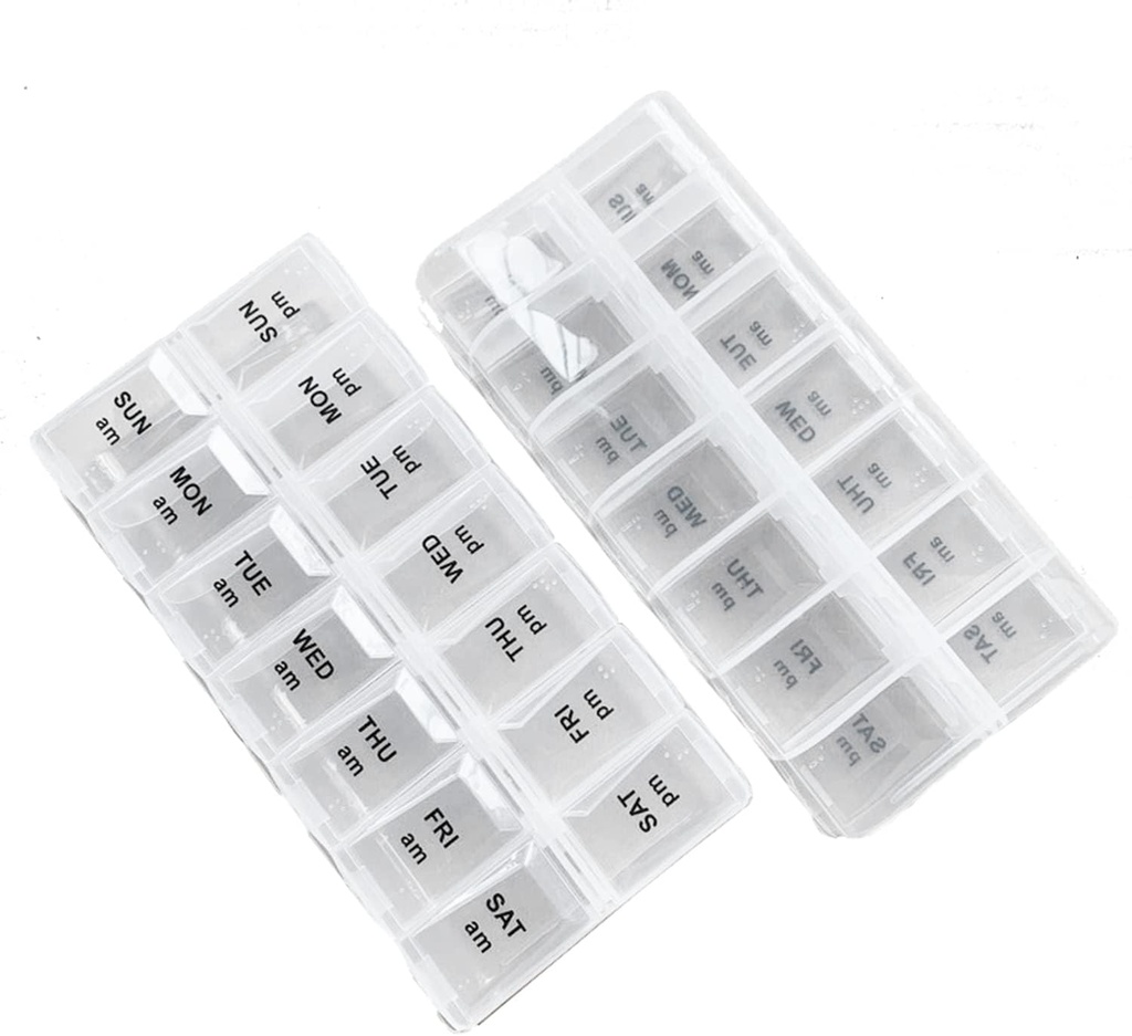 2 Pack OPP Clear Daily Pill Box Organizer, Ugentlig Pill Organizer 2 gange om dagen for piller, kosttilskud og medicin, Am Pm Pill Organizer 7 dag, Pill Box 7 dag - 6,7 x 3,2 x 1 tommer
