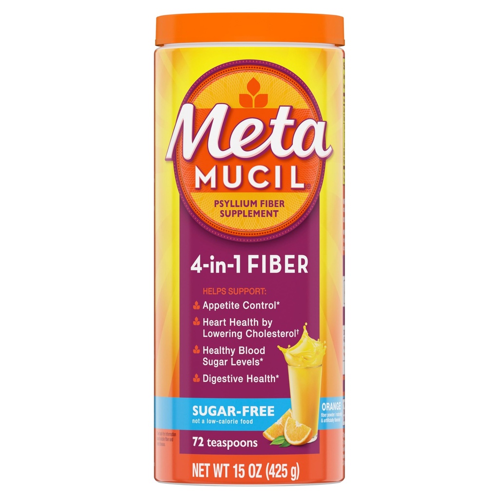 Metamucil 4- in-1 Psyllium Husk Fiber Supplement, Sugar- Free, 72 teskefulde, Orange Flavored, Daglig Fiber Pulver til fordøjelse, lavet med Plant- Based Psyllium Husk Fiber