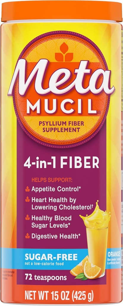 Metamucil 4- in-1 Psyllium Husk Fiber Supplement, Sugar- Free, 72 teskefulde, Orange Flavored, Daglig Fiber Pulver til fordøjelse, lavet med Plant- Based Psyllium Husk Fiber