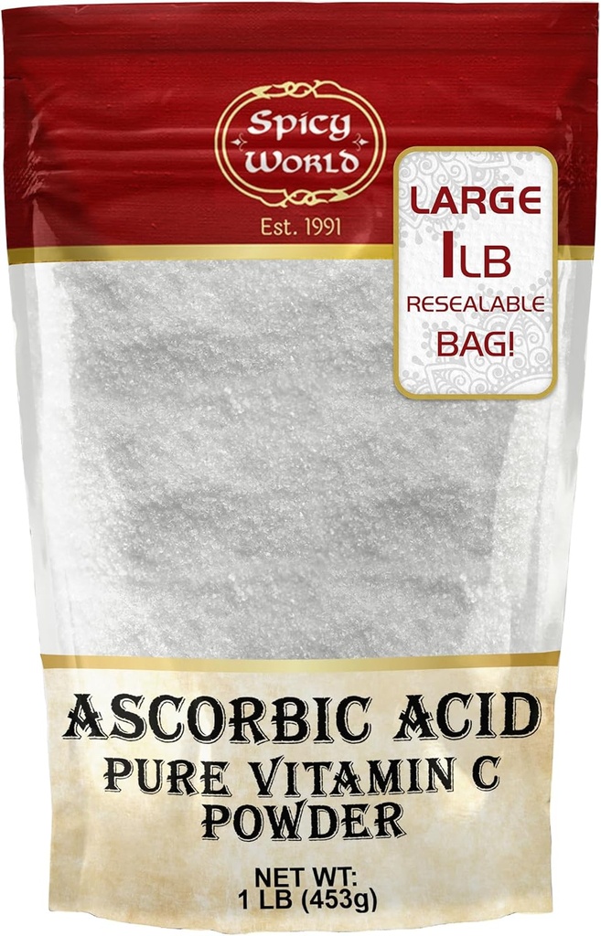 Spicy World Ascorbic Acid 1 LB Bulk Bag - Pure Vitamin C Powder - 100% Pure, Food Grade, Kan bruges til canning, Frugt, Pools - USP Grade