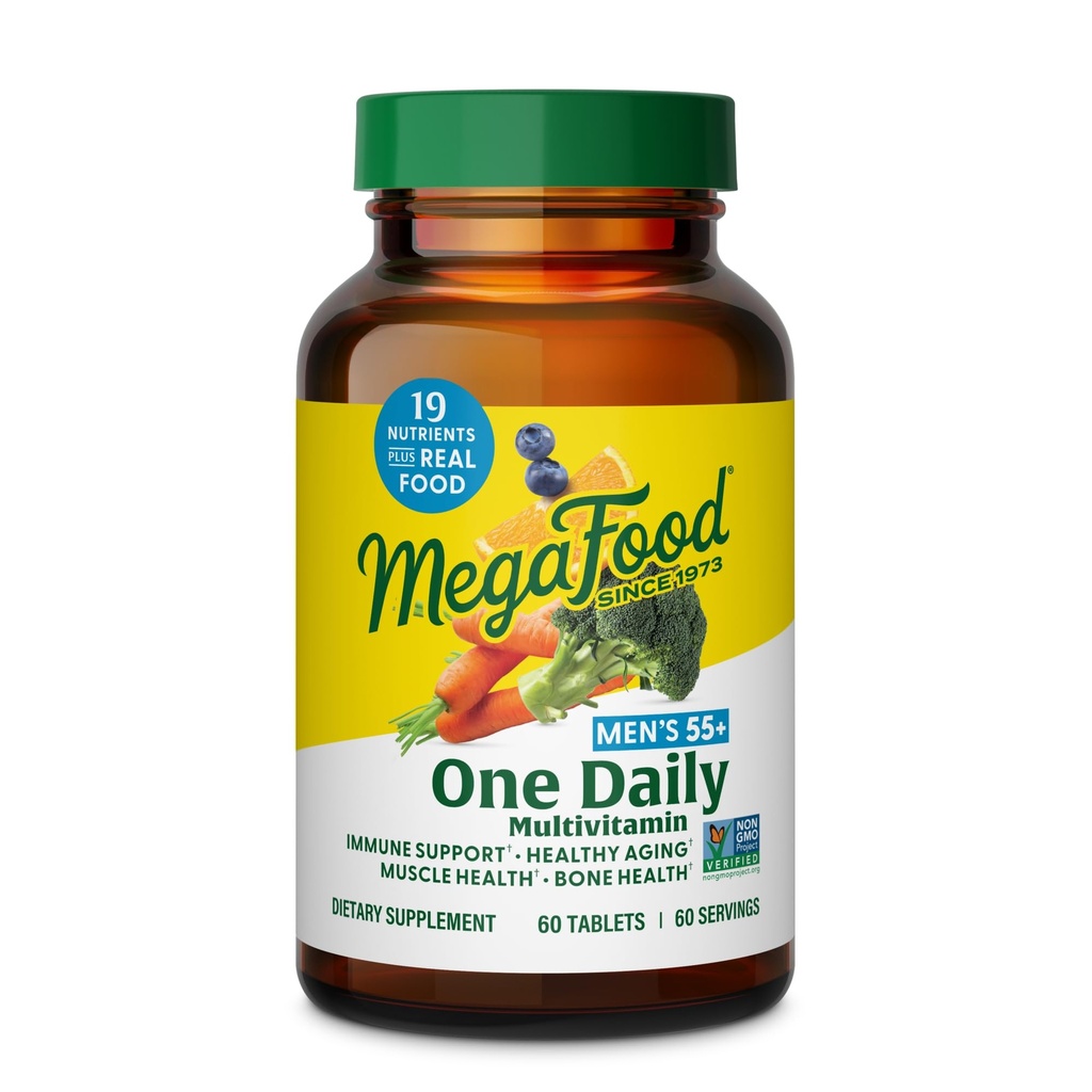 MegaFood Herre55 + One Daily - Multivitamin til mænd med vitamin B12, C, D & Zink - Optimal aging & immunforsvar supplement - Vegetarisk - Lavet uden 9 fødevarer allergener - 60 Tabs