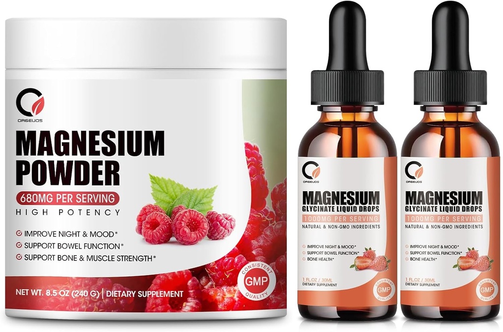 Magnesium Glycinat Drops & 680mg Magnesium Glycinat Complex pulver til mænd og kvinder, Support Energy, Night, Muscle & fælles funktion, Non- GMO, Vegan