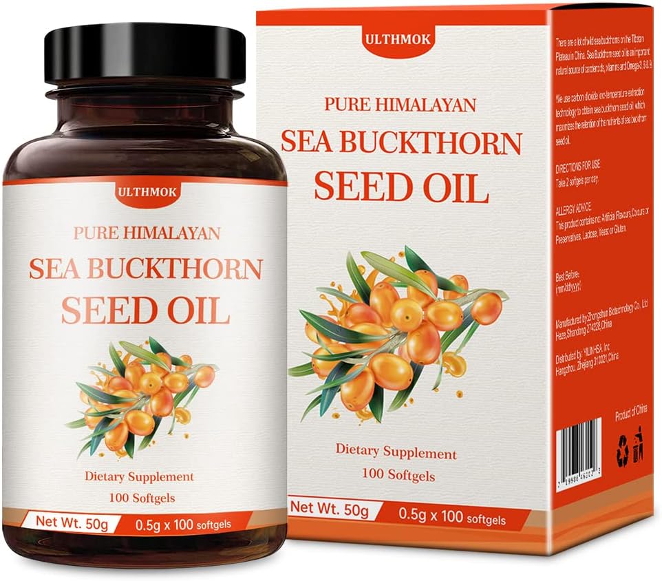 ULTHMOK Premium Sea Buckthorn Seed Oil, 100% Seed Oil, 100 Softels & 100 × 500mg, Non- GMO, Gluten Free.