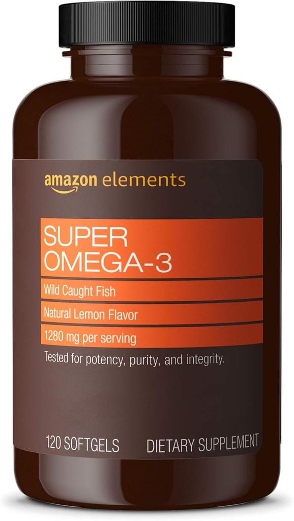 Elementer Super Omega-3, EPA & DHA Omega-3 fedtsyrer (1280 mg per servering, 2 Softgel), Natural Lemon Flavor, 120 Count (Emballage kan variere)