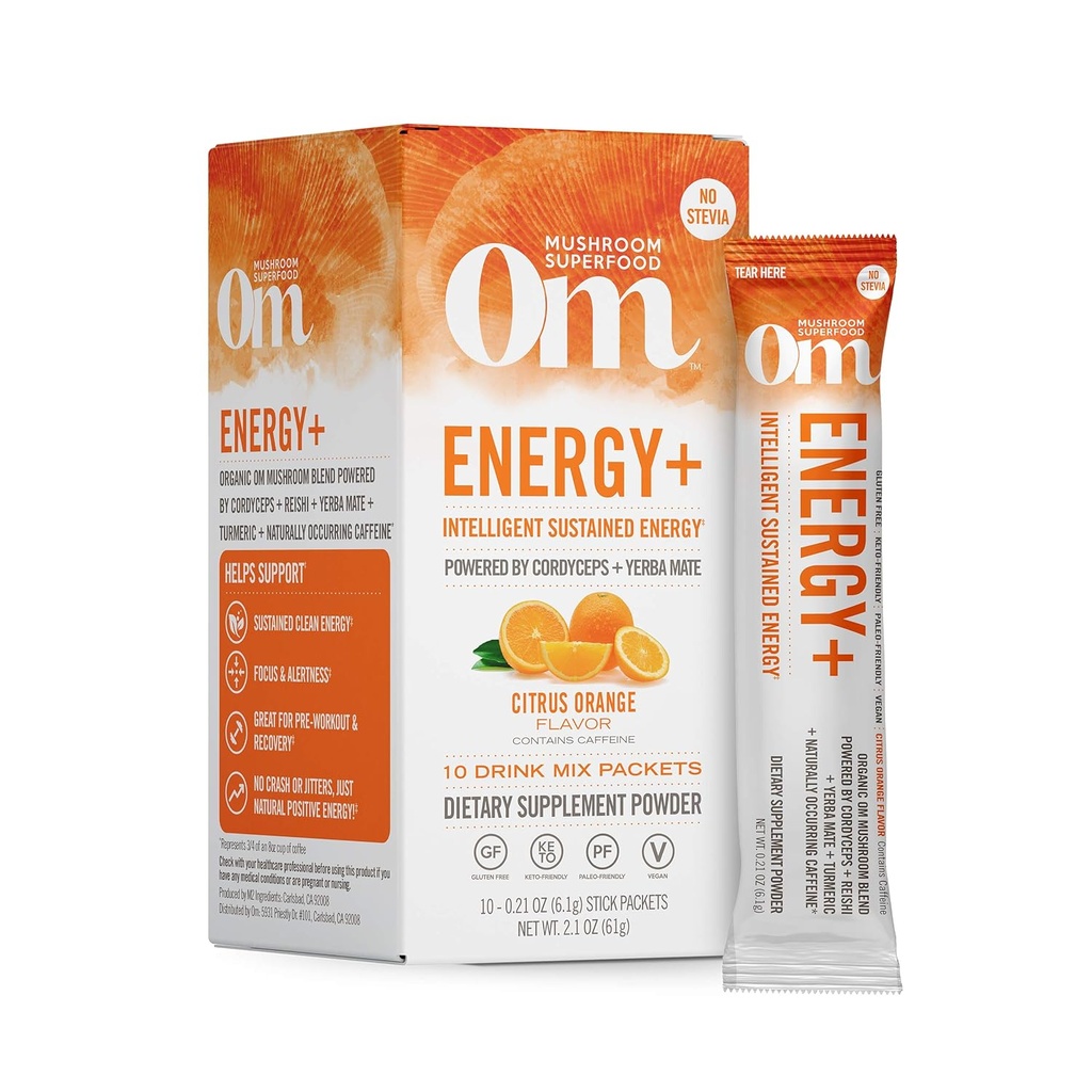 OM MUSHROOM SUPERFOD Energy Plus Mushroom Powder Drink Mix, Citrus Orange, Single Serve, 10 Greve, Mushroom Blend, Cordyceps, Yerba Mate, Tumerisk, B-vitamin Complex, Pre- workout, immunsupplement