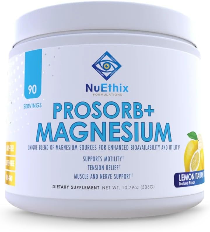 NuEthix Formuleringer Prosorb + Magnesium Kosttilskud, 200mg Magnesium Blend to Support Physical & Mental Wellness, C-vitamin, Dairy- Free, Gluten Free, & Non- GMO, Lemon italiensk is, 90 Servere