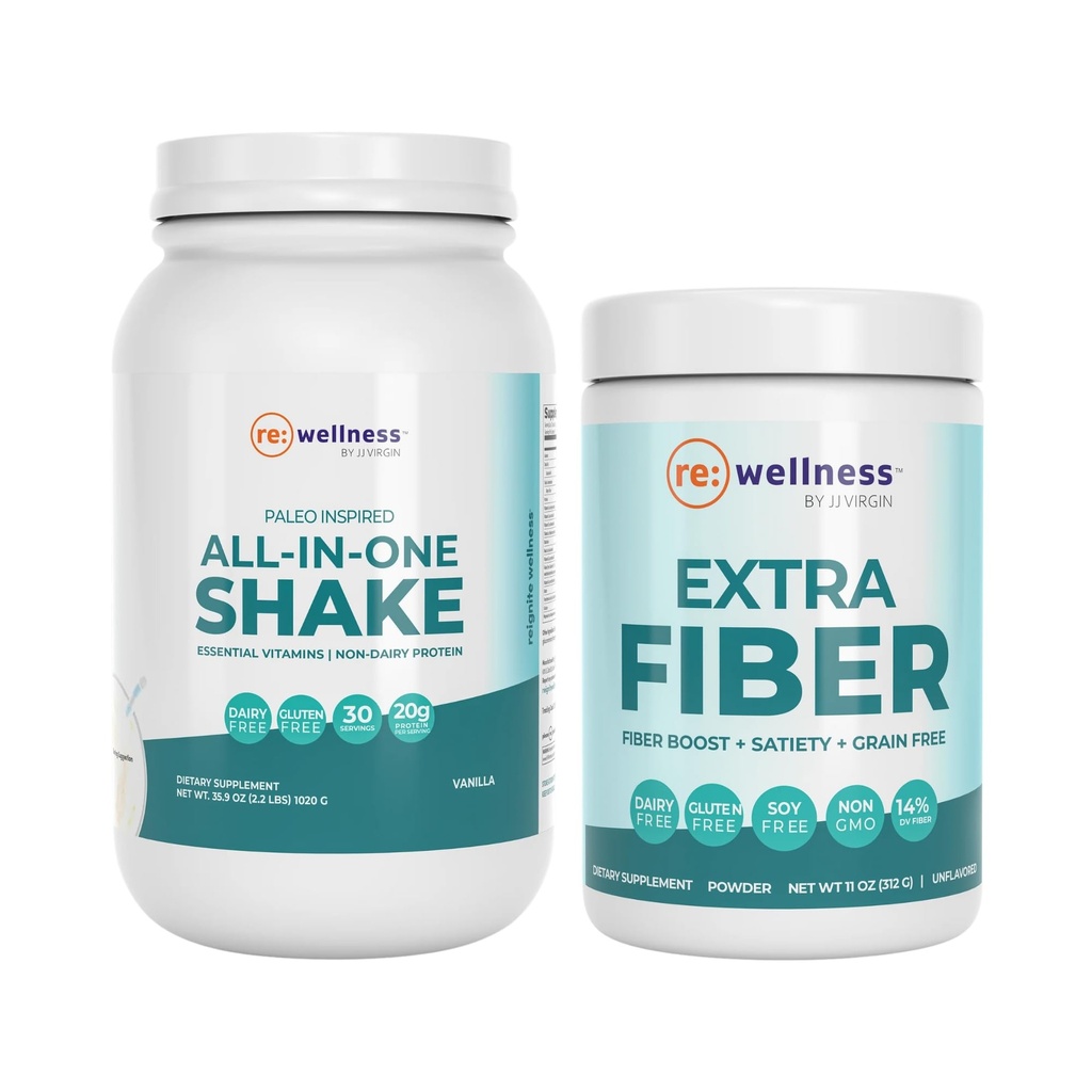 Reignite Wellness af JJ Virgin Vanilla Paleo-Inspireret All- in- One Shake og ekstra fiber pulver supplement